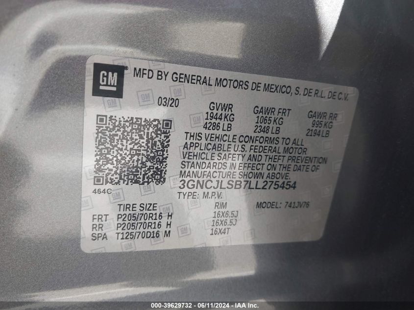 2020 Chevrolet Trax Fwd Lt VIN: 3GNCJLSB7LL275454 Lot: 39629732