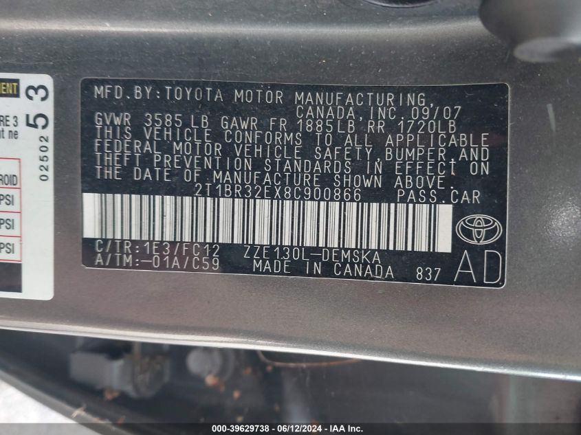 2008 Toyota Corolla S VIN: 2T1BR32EX8C900866 Lot: 39629738