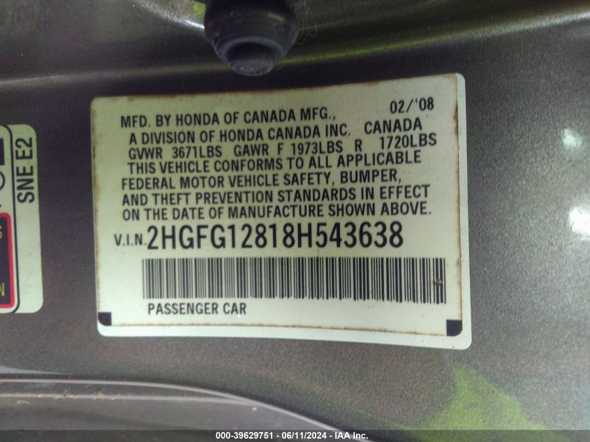 2008 Honda Civic Ex VIN: 2HGFG12818H543638 Lot: 39629751