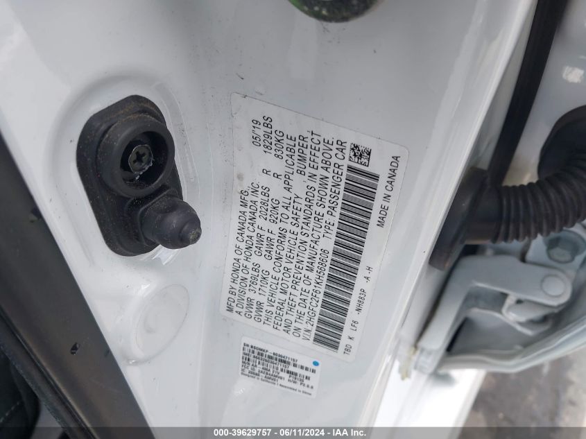 2019 Honda Civic Lx VIN: 2HGFC2F61KH568606 Lot: 39629757