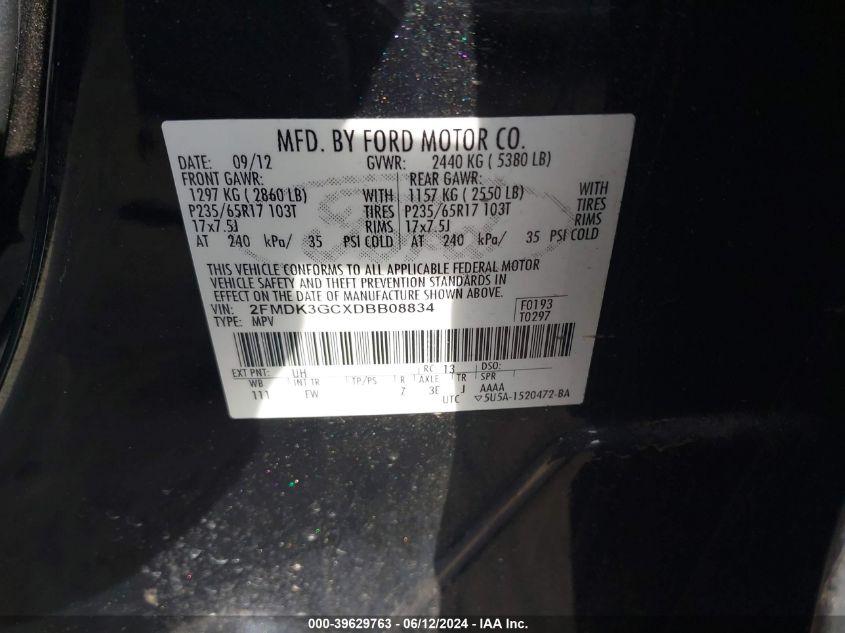 2013 Ford Edge Se VIN: 2FMDK3GCXDBB08834 Lot: 39629763