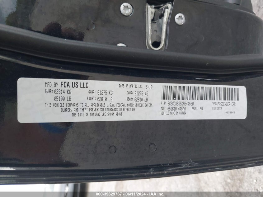 2019 Dodge Charger Sxt Rwd VIN: 2C3CDXBG5KH644598 Lot: 39629767