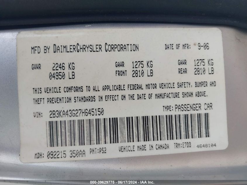2007 Dodge Charger VIN: 2B3KA43G27H645150 Lot: 39629775