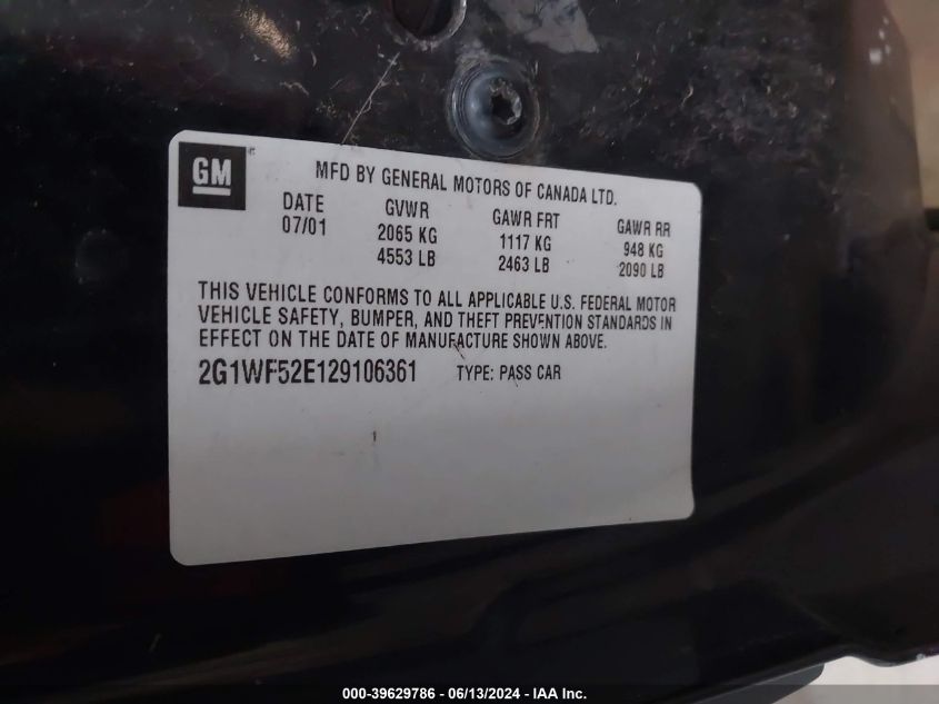 2002 Chevrolet Impala VIN: 2G1WF52E129106361 Lot: 39629786