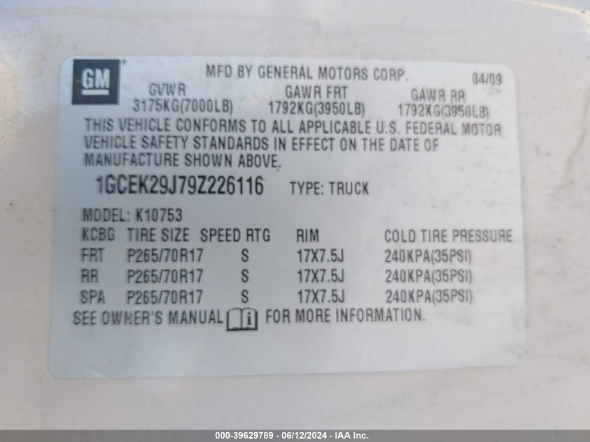 2009 Chevrolet Silverado 1500 Lt VIN: 1GCEK29J79Z226116 Lot: 39629789