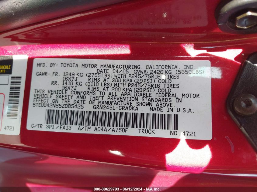 2005 Toyota Tacoma Access Cab VIN: 5TEUU42N85Z085425 Lot: 39629793