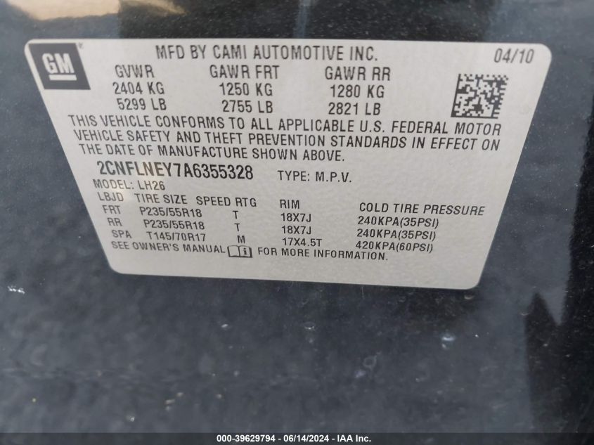 2010 Chevrolet Equinox Lt VIN: 2CNFLNEY7A6355328 Lot: 39629794