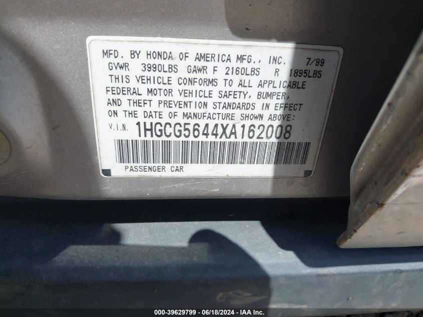 1HGCG5644XA162008 1999 Honda Accord Lx