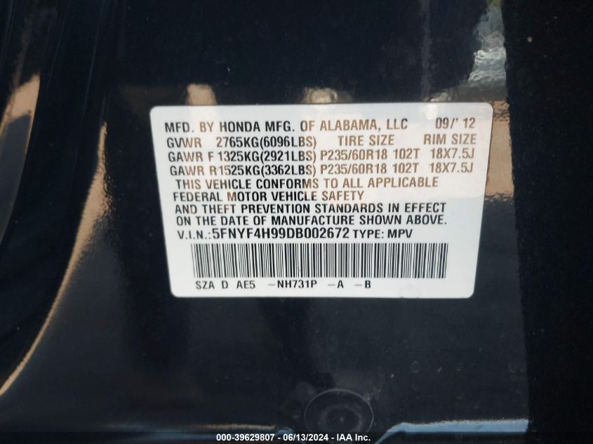 2013 Honda Pilot Touring VIN: 5FNYF4H99DB002672 Lot: 39629807