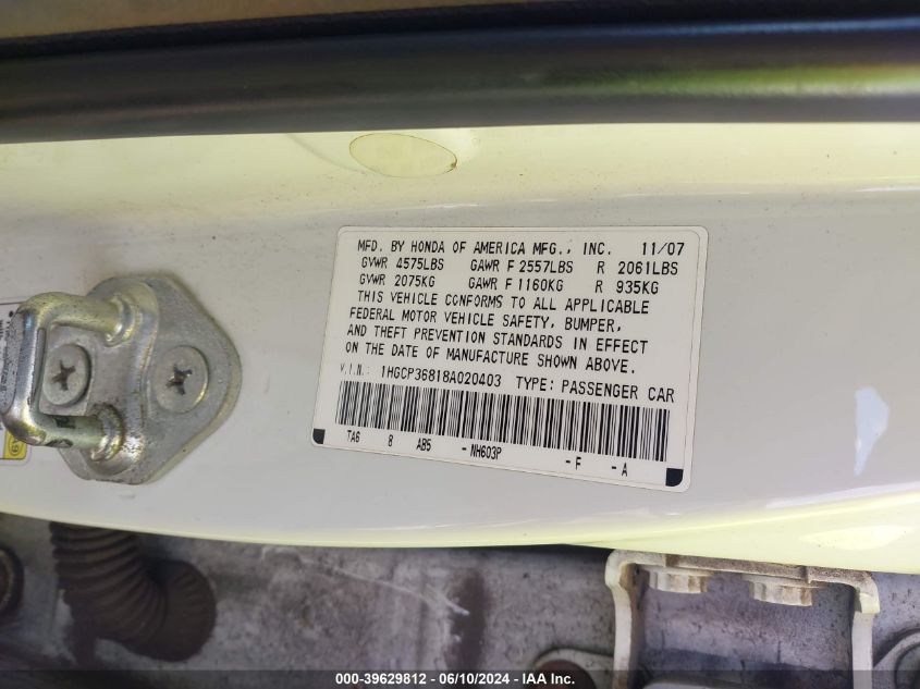 1HGCP36818A020403 | 2008 HONDA ACCORD