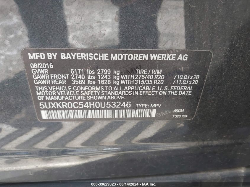 2017 BMW X5 xDrive35I VIN: 5UXKR0C54H0U53246 Lot: 39629823