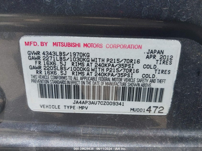 2012 Mitsubishi Outlander Sport Es VIN: JA4AP3AU7CZ009341 Lot: 39629838