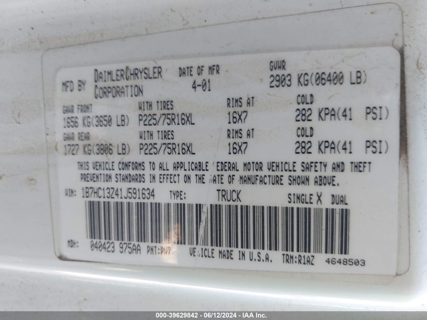 2001 Dodge Ram 1500 St VIN: 1B7HC13Z41J591634 Lot: 39629842
