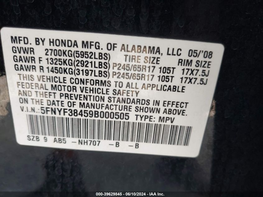 2009 Honda Pilot Ex VIN: 5FNYF38459B000505 Lot: 39629845
