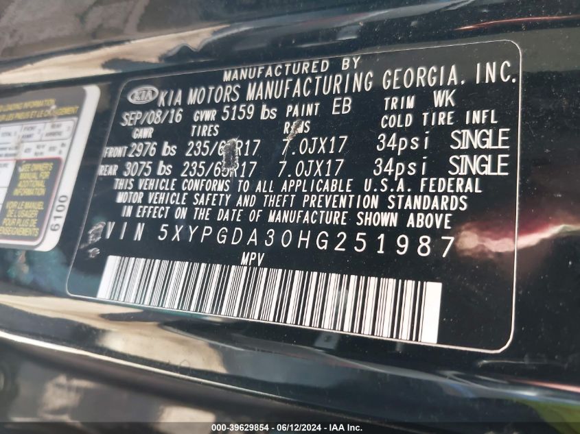 2017 KIA SORENTO LX/L - 5XYPGDA30HG251987