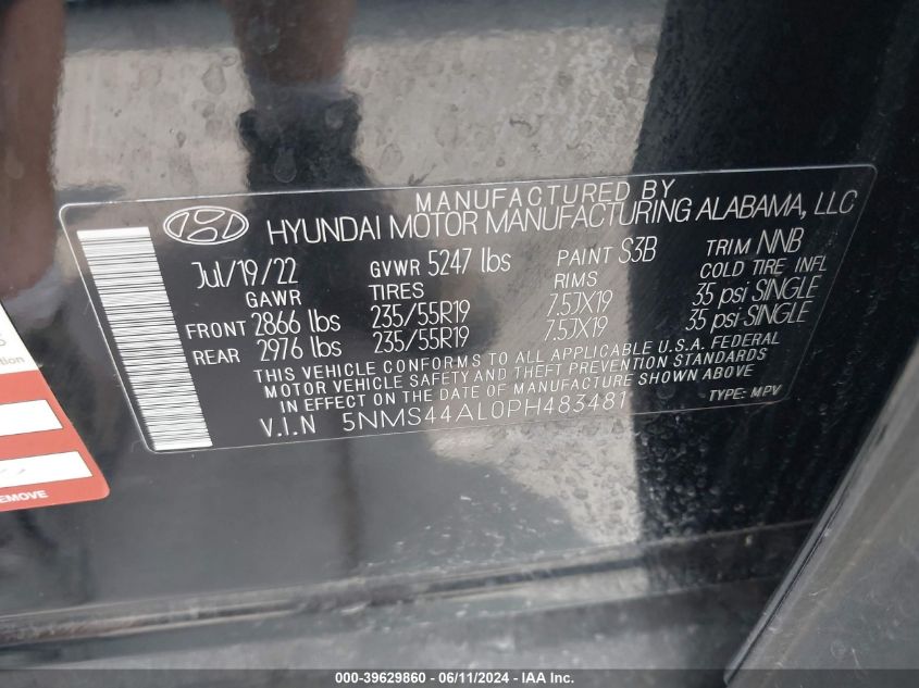 2023 Hyundai Santa Fe Limited VIN: 5NMS44AL0PH483481 Lot: 39629860