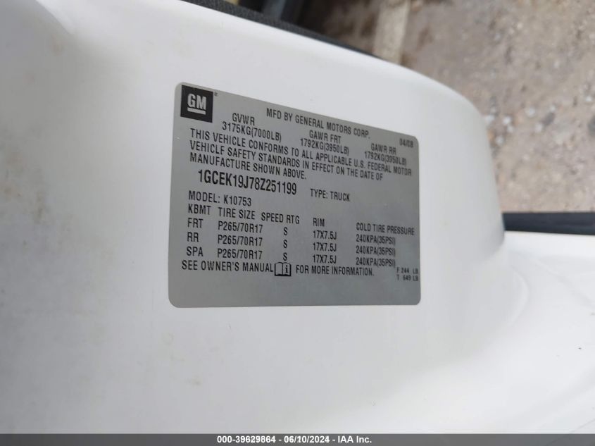 2008 Chevrolet Silverado 1500 Lt1 VIN: 1GCEK19J78Z251199 Lot: 39629864