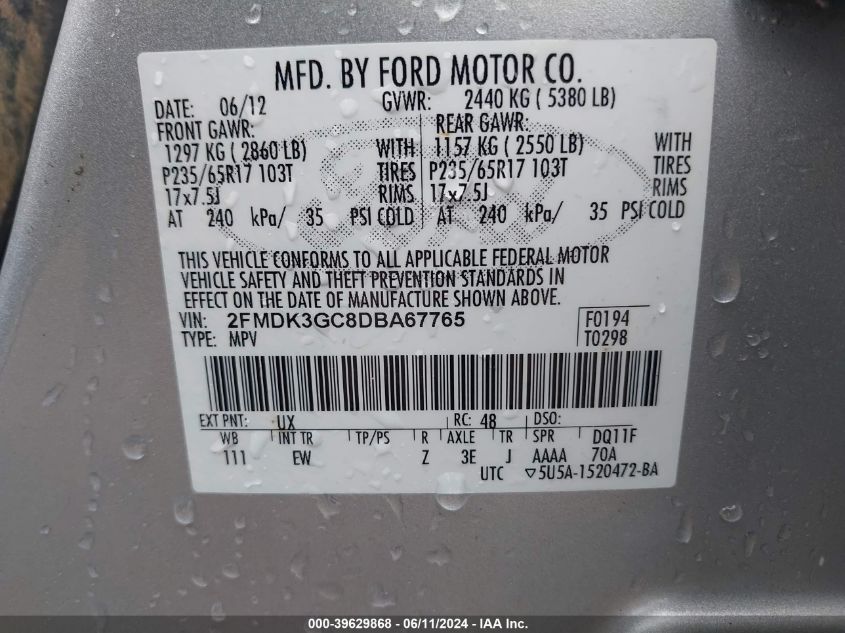 2013 Ford Edge Se VIN: 2FMDK3GC8DBA67765 Lot: 39629868