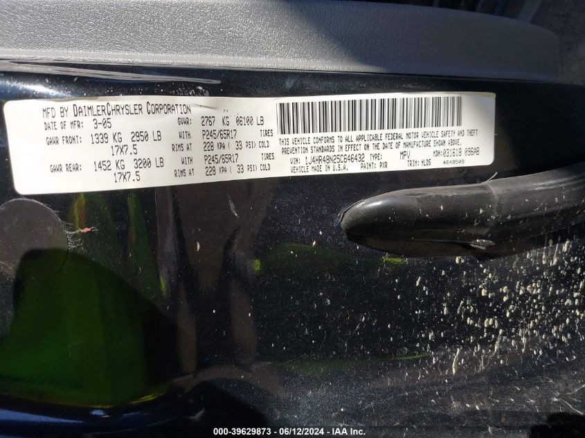 2005 Jeep Grand Cherokee Laredo VIN: 1J4HR48N25T646432 Lot: 39629873