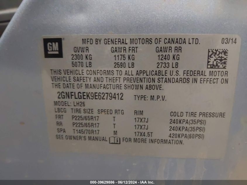 2014 Chevrolet Equinox 2Lt VIN: 2GNFLGEK9E6279412 Lot: 39629886