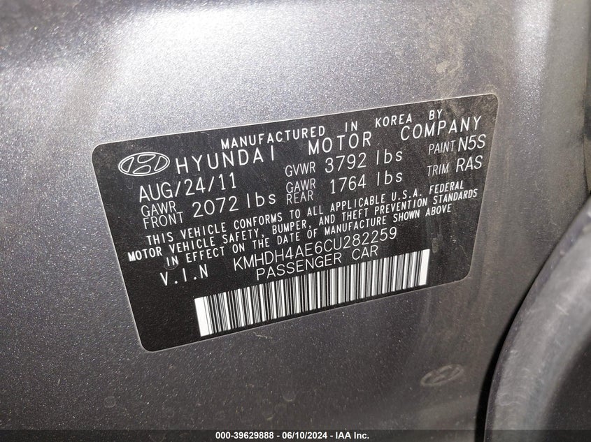 2012 Hyundai Elantra Gls (Ulsan Plant) VIN: KMHDH4AE6CU282259 Lot: 39629888