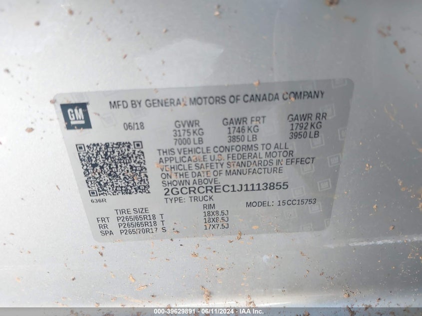 2018 Chevrolet Silverado 1500 1Lt VIN: 2GCRCREC1J1113855 Lot: 39629891
