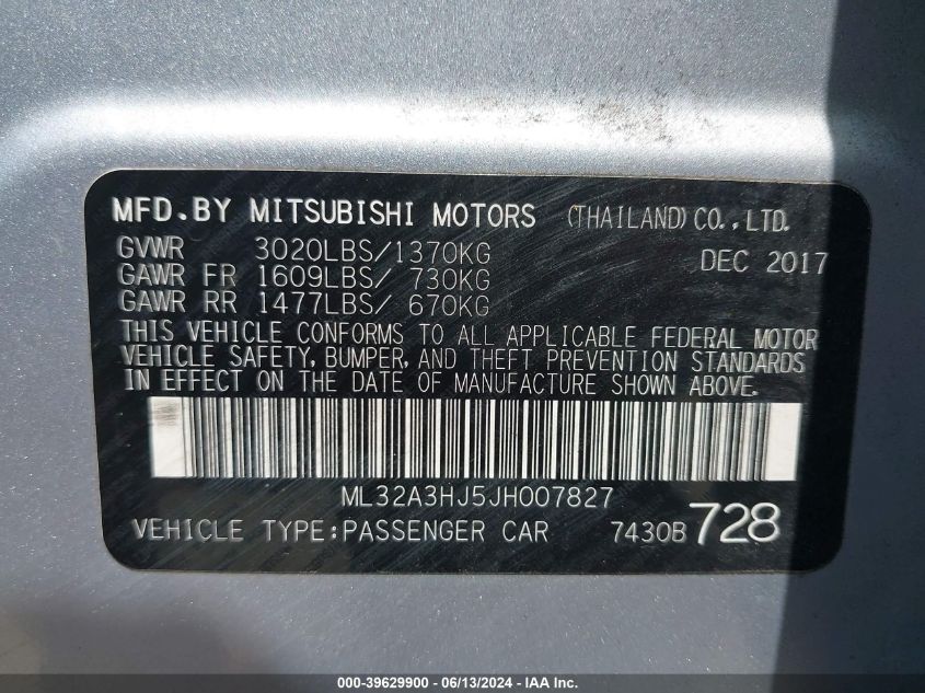 2018 Mitsubishi Mirage Es VIN: ML32A3HJ5JH007827 Lot: 39629900