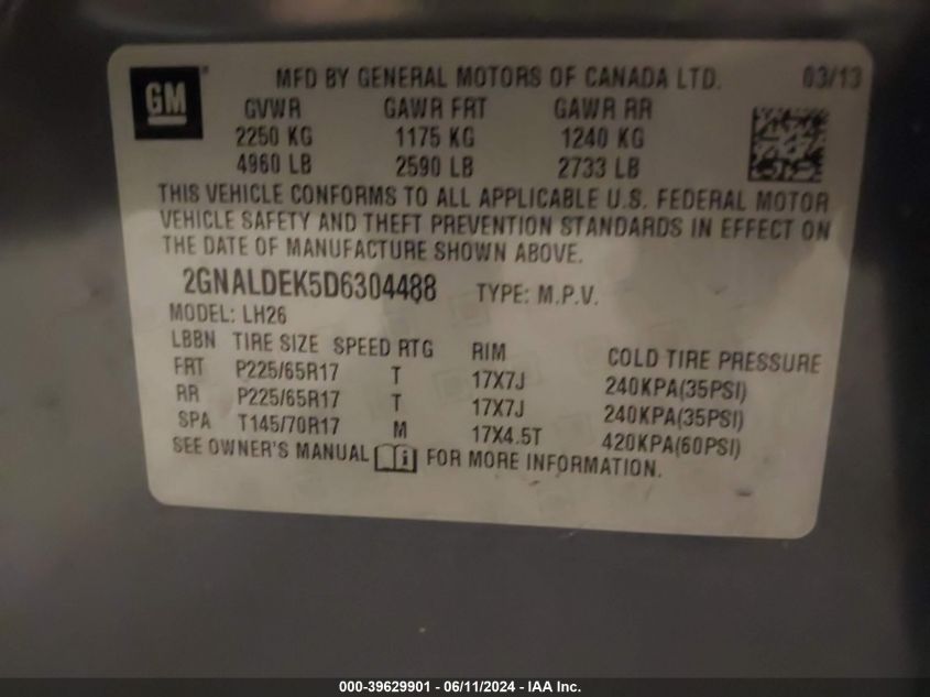 2013 Chevrolet Equinox 1Lt VIN: 2GNALDEK5D6304488 Lot: 39629901