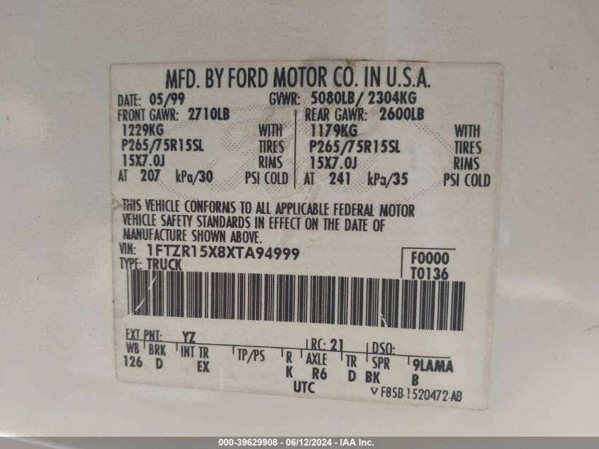 1999 Ford Ranger Xlt VIN: 1FTZR15X8XTA94999 Lot: 39629908