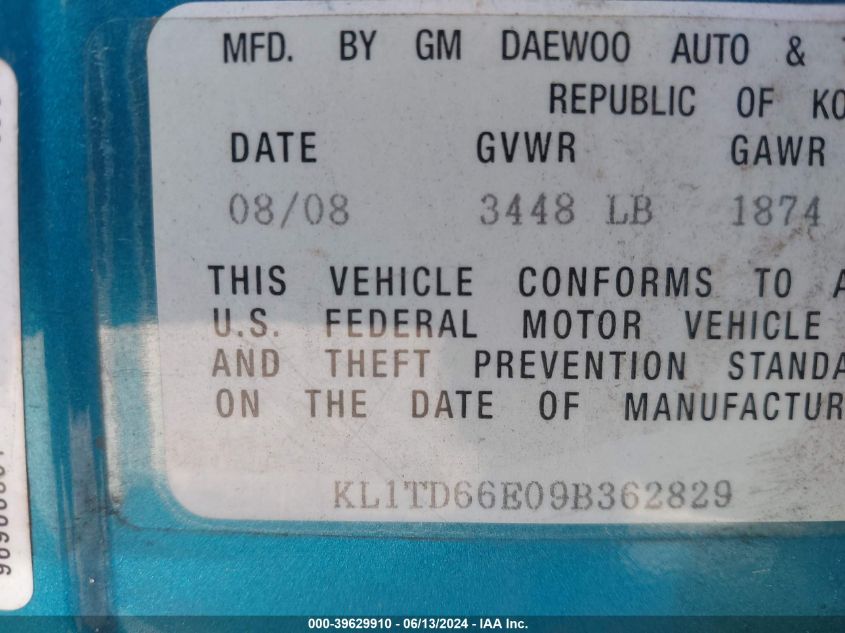 2009 Chevrolet Aveo Lt VIN: KL1TD66E09B362829 Lot: 39629910