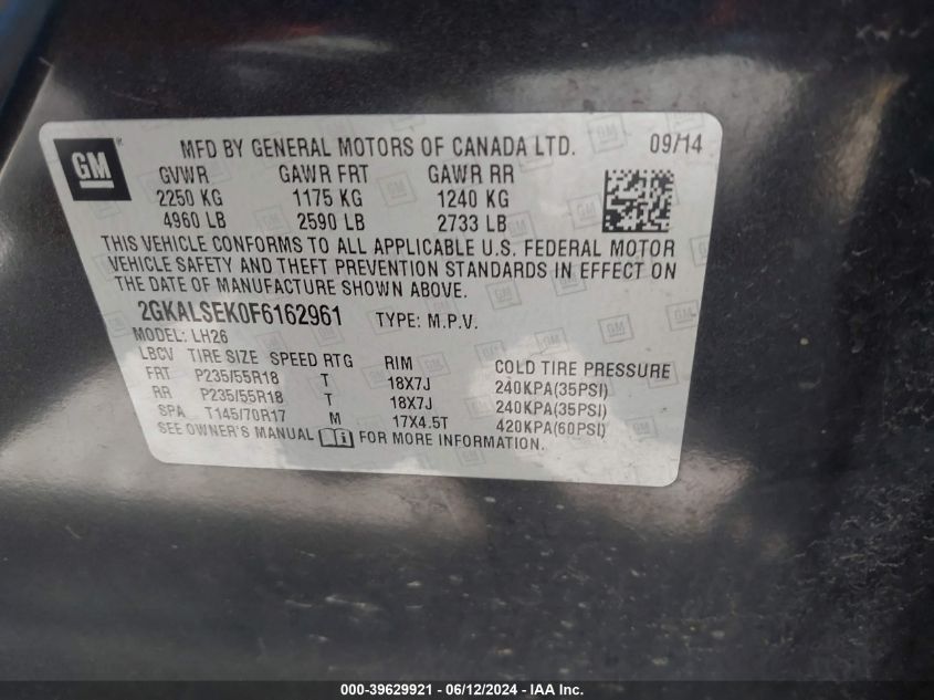 2015 GMC Terrain Slt-1 VIN: 2GKALSEK0F6162961 Lot: 39629921