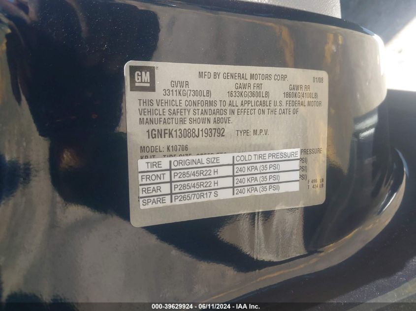 2008 Chevrolet Tahoe Ltz VIN: 1GNFK13088J193792 Lot: 39629924