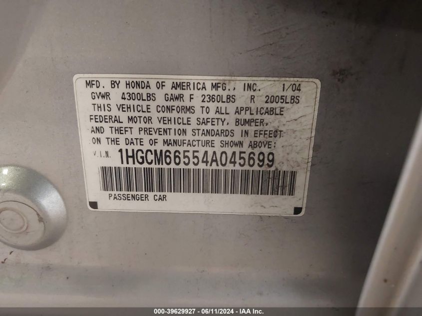 2004 Honda Accord 3.0 Ex VIN: 1HGCM66554A045699 Lot: 39629927
