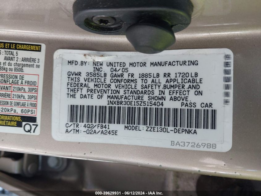 2005 Toyota Corolla Le VIN: 1NXBR30E15Z515404 Lot: 39629931