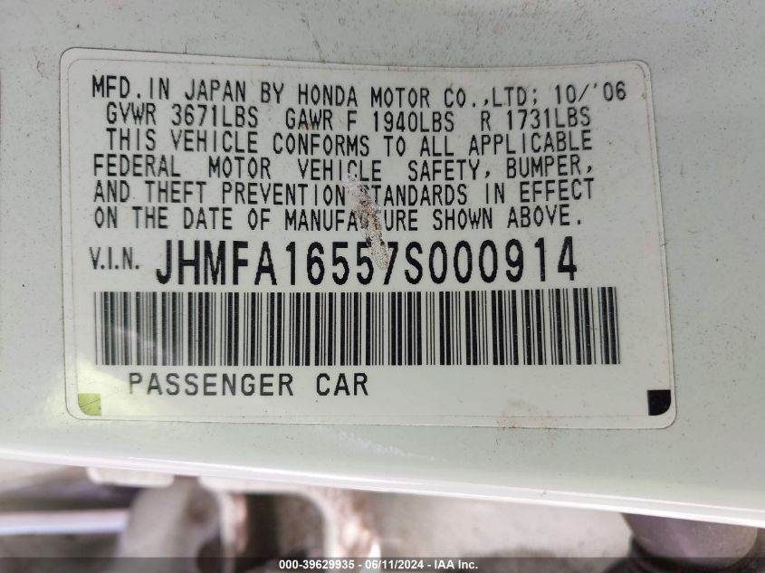 2007 Honda Civic Lx VIN: JHMFA16557S000914 Lot: 39629935