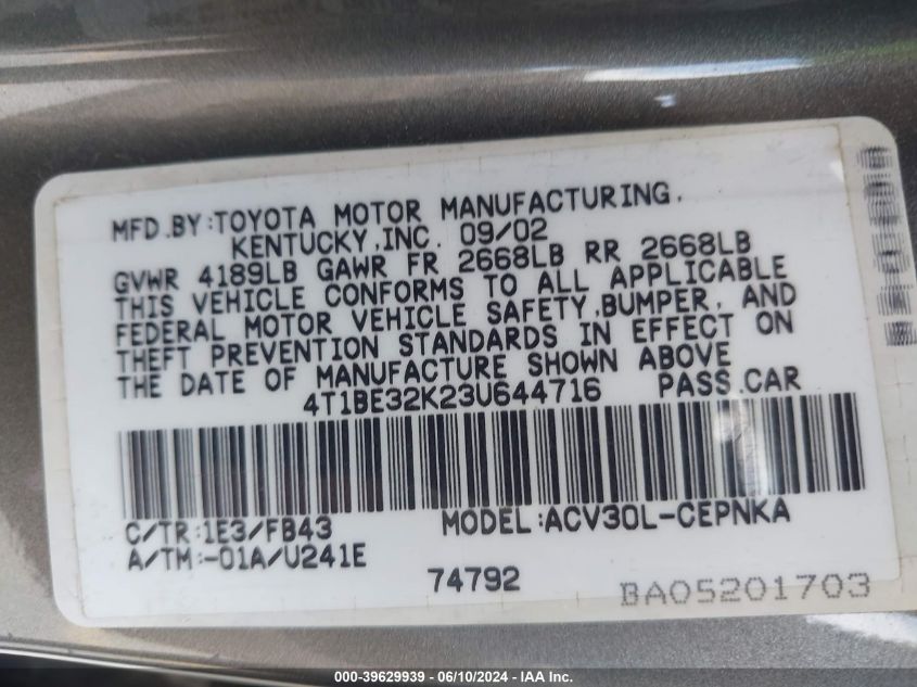 2003 Toyota Camry Le VIN: 4T1BE32K23U644716 Lot: 39629939