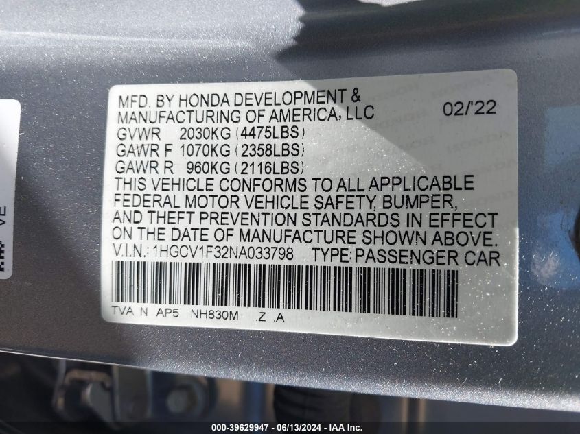 2022 Honda Accord Sport VIN: 1HGCV1F32NA033798 Lot: 39629947