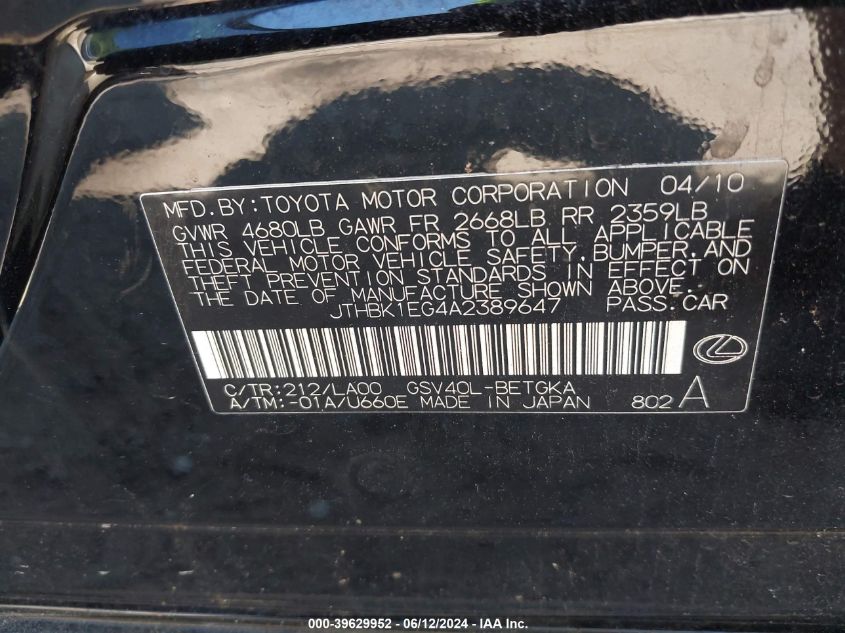 2010 Lexus Es 350 VIN: JTHBK1EG4A2389647 Lot: 39629952