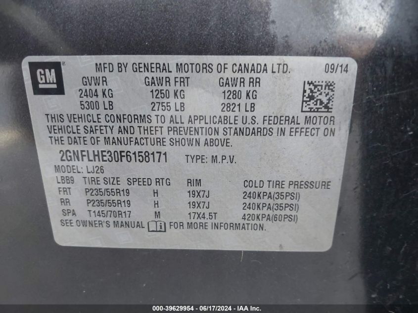 2015 Chevrolet Equinox Ltz VIN: 2GNFLHE30F6158171 Lot: 39629954