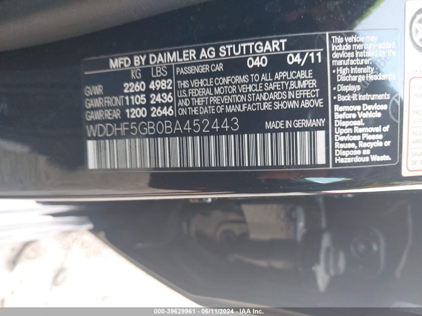 2011 Mercedes-Benz E 350 VIN: WDDHF5GB0BA452443 Lot: 39629961