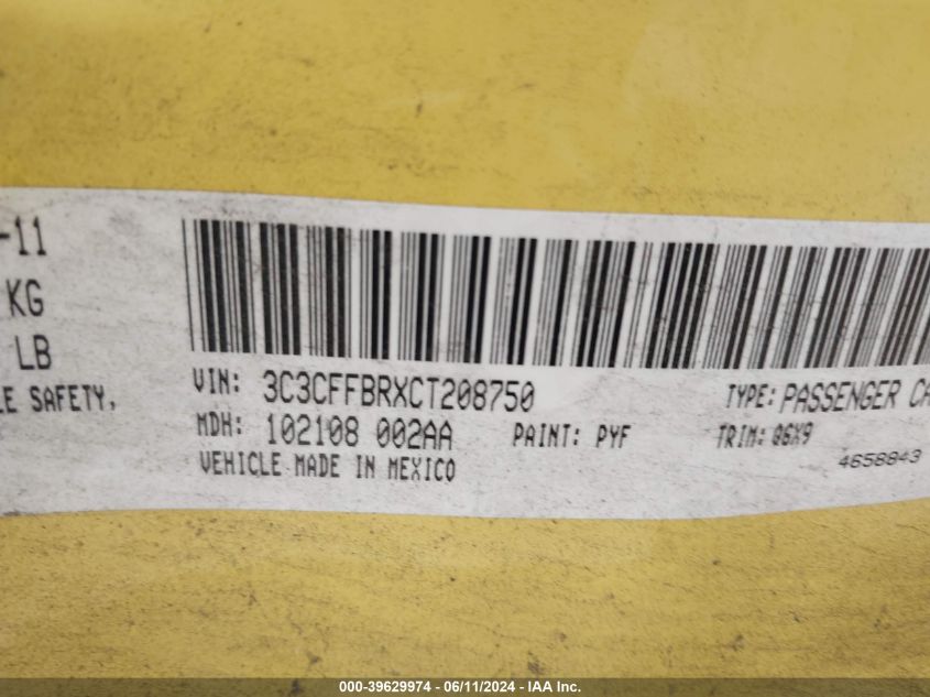 2012 Fiat 500 Sport VIN: 3C3CFFBRXCT208750 Lot: 39629974