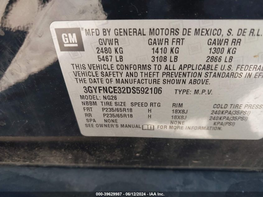 2013 Cadillac Srx Luxury Collection VIN: 3GYFNCE32DS592106 Lot: 39629987