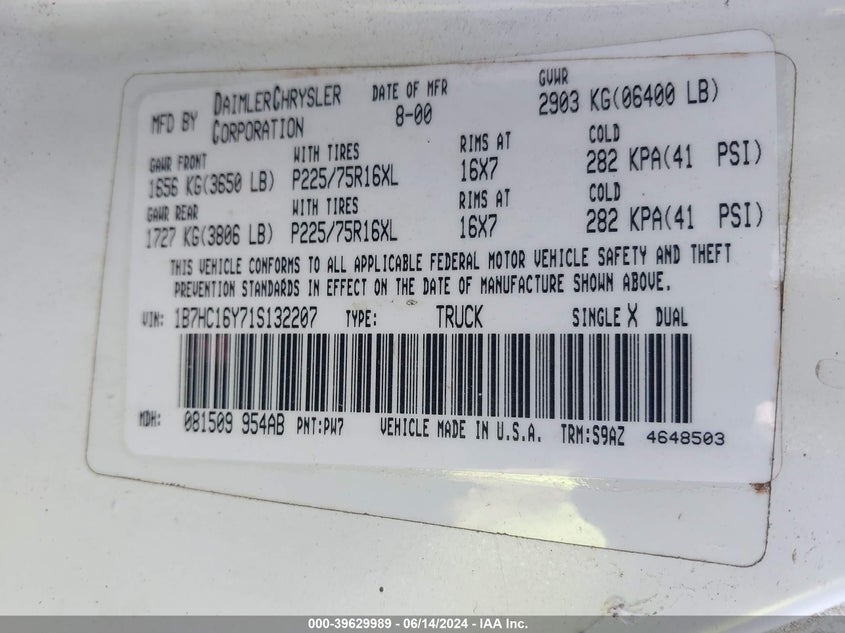 2001 Dodge Ram 1500 St VIN: 1B7HC16Y71S132207 Lot: 39629989