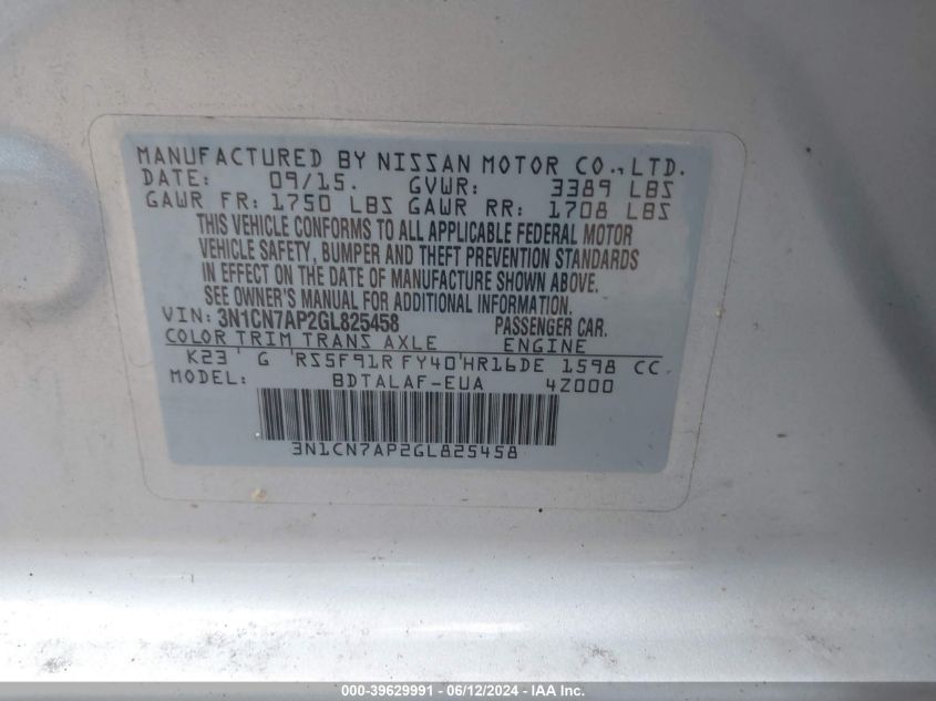 3N1CN7AP2GL825458 2016 Nissan Versa 1.6 S