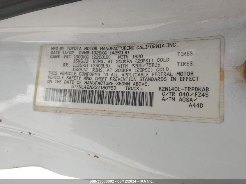 2003 Toyota Tacoma VIN: 5TENL42NX3Z180783 Lot: 39630002