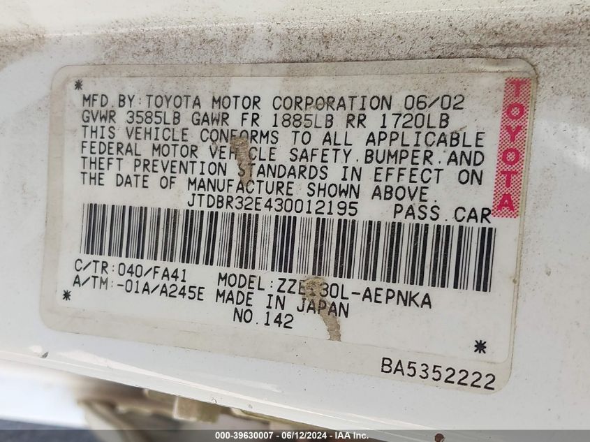 2003 Toyota Corolla Le VIN: JTDBR32E430012195 Lot: 39630007