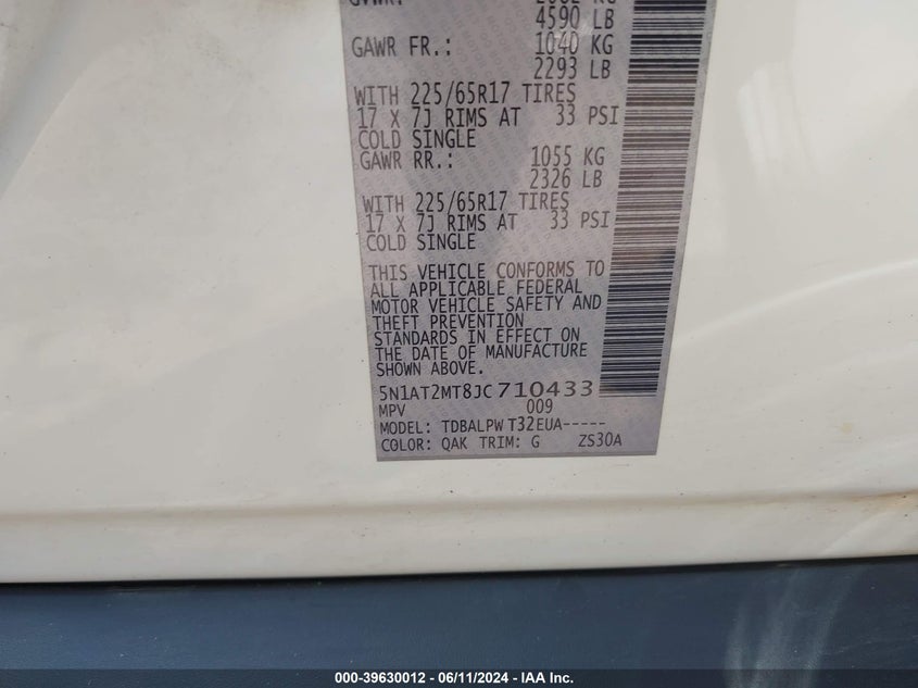 2018 Nissan Rogue S VIN: 5N1AT2MT8JC710433 Lot: 39630012