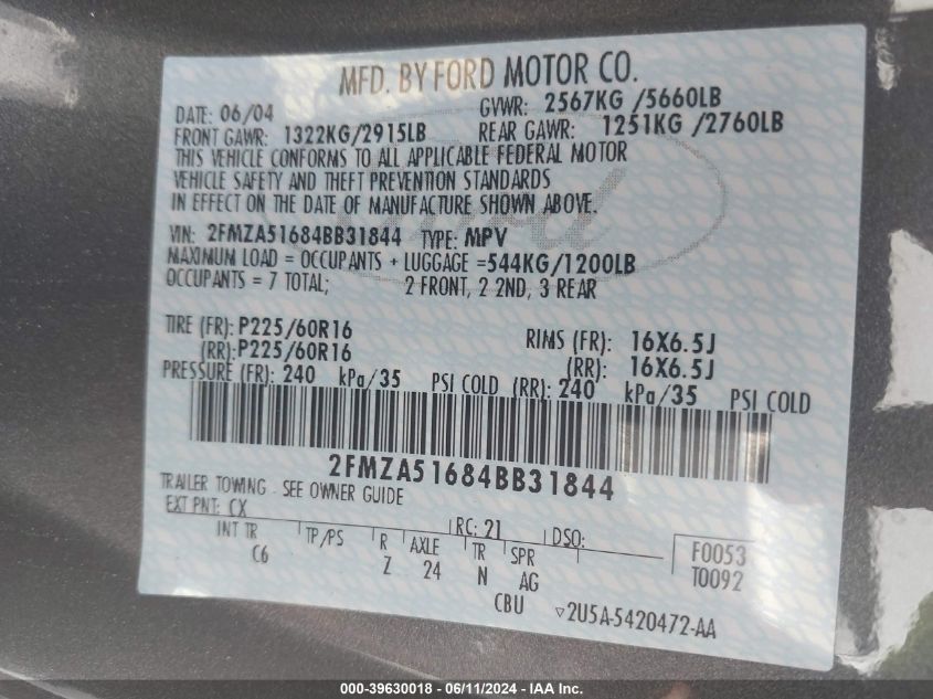 2004 Ford Freestar Se VIN: 2FMZA51684BB31844 Lot: 39630018