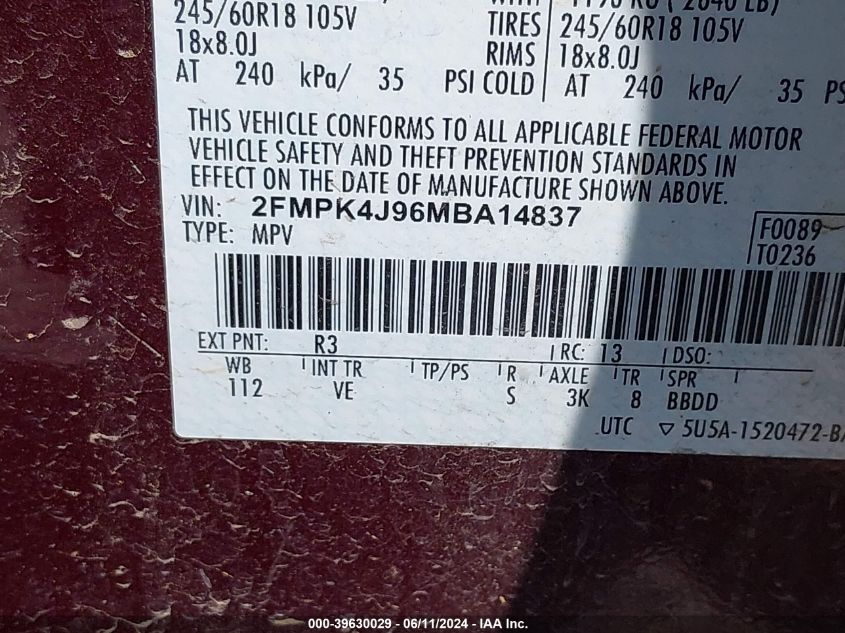 2021 Ford Edge Sel VIN: 2FMPK4J96MBA14837 Lot: 39630029