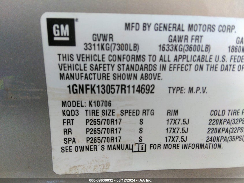 2007 Chevrolet Tahoe Lt VIN: 1GNFK13057R114692 Lot: 39630032
